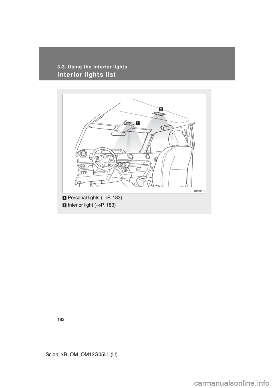 TOYOTA xB 2013  Owners Manual (in English) 182
Scion_xB_OM_OM12G05U_(U)
3-3. Using the interior lights
Interior lights list
Personal lights (P. 183)
Interior light ( P. 183) 