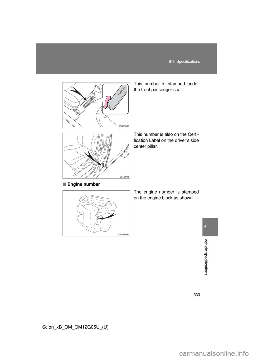 TOYOTA xB 2013  Owners Manual (in English) 333
6-1. Specifications
6
Vehicle specifications
Scion_xB_OM_OM12G05U_(U)
This number is stamped under
the front passenger seat.
This number is also on the Certi-
fication Label on the driver’s side