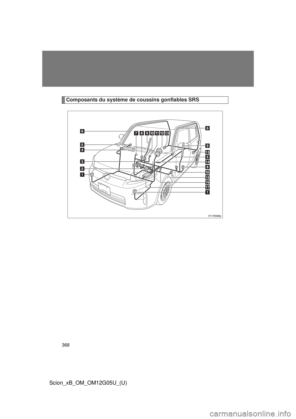 TOYOTA xB 2013  Owners Manual (in English) 368
Scion_xB_OM_OM12G05U_(U)
Composants du système de coussins gonflables SRS 