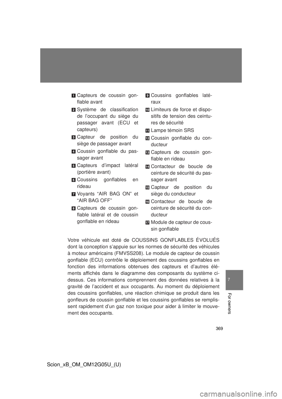 TOYOTA xB 2013  Owners Manual (in English) 369
7
For owners
Scion_xB_OM_OM12G05U_(U)
Votre véhicule est doté de COUSSINS GONFLABLES ÉVOLUÉS
dont la conception s’appuie sur les normes de sécurité des véhicules
à moteur américains (FM