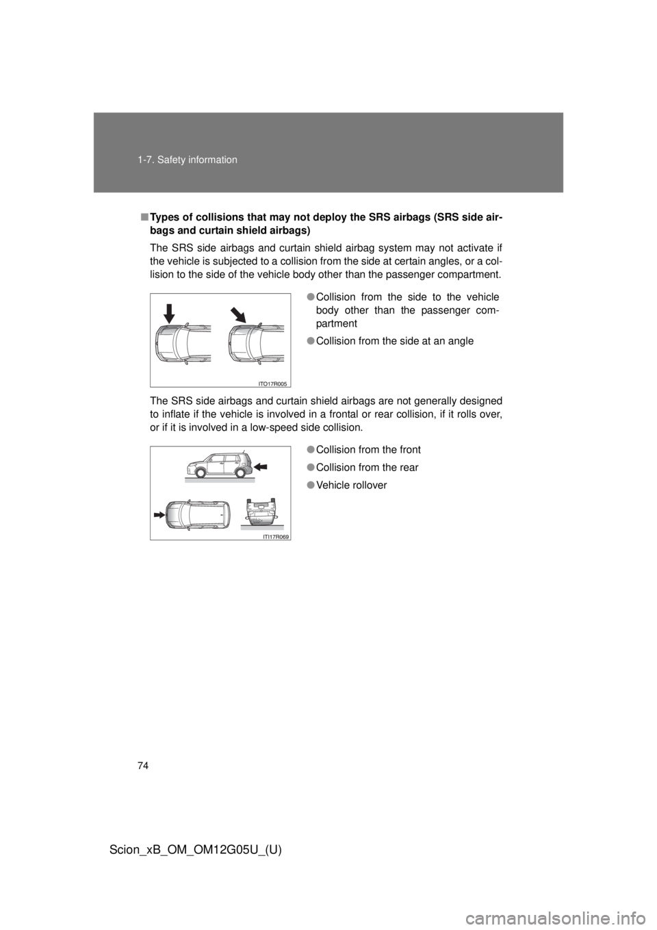 TOYOTA xB 2013 (in English) Manual PDF 74 1-7. Safety information
Scion_xB_OM_OM12G05U_(U)
■Types of collisions that may not de ploy the SRS airbags (SRS side air-
bags and curtain shield airbags)
The SRS side airbags and curtain shield TOYOTA xB 2013 (in English) Manual PDF 74 1-7. Safety information
Scion_xB_OM_OM12G05U_(U)
■Types of collisions that may not de ploy the SRS airbags (SRS side air-
bags and curtain shield airbags)
The SRS side airbags and curtain shield