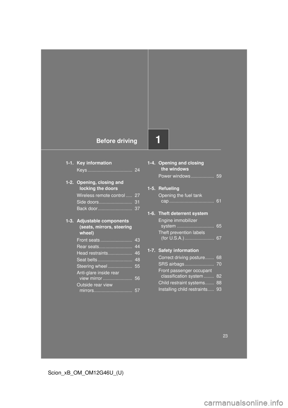 TOYOTA xB 2013 Owners Manual (in English) Before driving1
23
Scion_xB_OM_OM12G46U_(U)
1-1. Key informationKeys ................................... 24
1-2. Opening, closing and locking the doors
Wireless remote control ..... 27
Side doors . TOYOTA xB 2013 Owners Manual (in English) Before driving1
23
Scion_xB_OM_OM12G46U_(U)
1-1. Key informationKeys ................................... 24
1-2. Opening, closing and locking the doors
Wireless remote control ..... 27
Side doors .