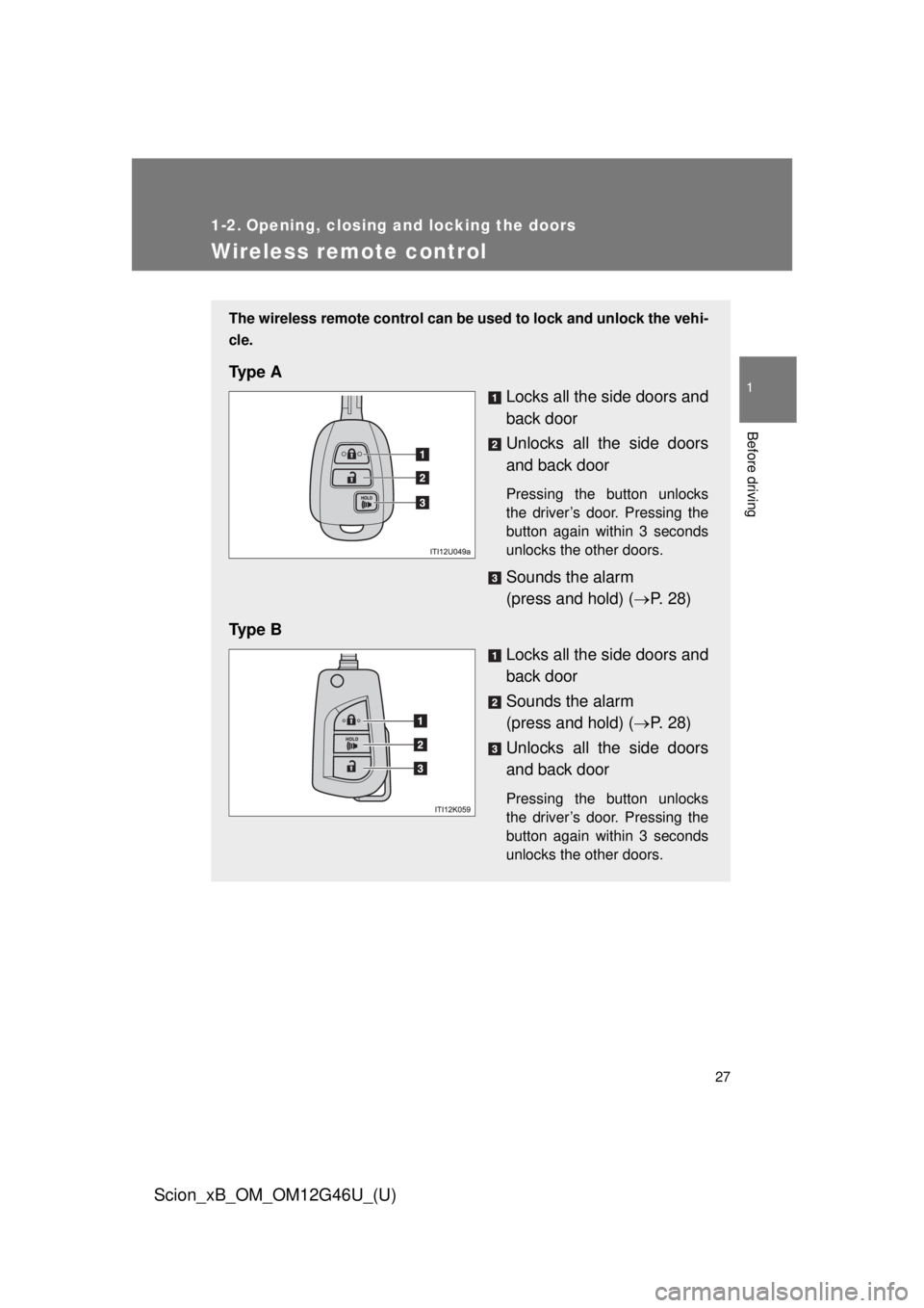 TOYOTA xB 2013  Owners Manual (in English) 27
1
Before driving
Scion_xB_OM_OM12G46U_(U)
1-2. Opening, closing and locking the doors
Wireless remote control
The wireless remote control can be used to lock and unlock the vehi-
cle.
Ty p e  A
Loc