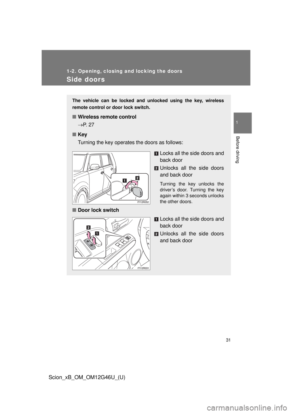TOYOTA xB 2013  Owners Manual (in English) 31
1
1-2. Opening, closing and locking the doors
Before driving
Scion_xB_OM_OM12G46U_(U)
Side doors
The vehicle can be locked and unlocked using the key, wireless
remote control or door lock switch.
�