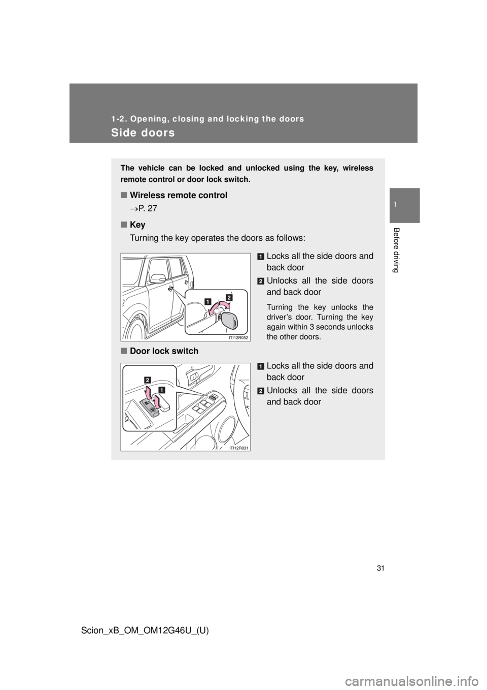 TOYOTA xB 2013   (in English) Owners Guide 31
1
1-2. Opening, closing and locking the doors
Before driving
Scion_xB_OM_OM12G46U_(U)
Side doors
The vehicle can be locked and unlocked using the key, wireless
remote control or door lock switch.
