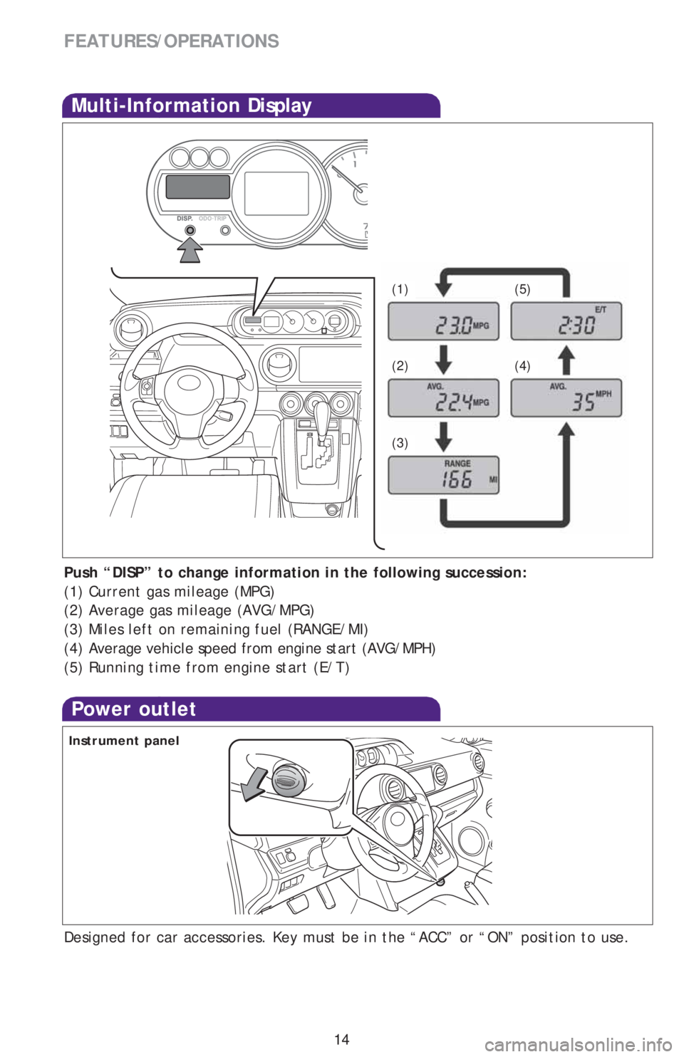 TOYOTA xB 2013   (in English) User Guide 14
FEATURES/OPERATIONS
Multi-Information Display
Push “DISP” to change information in the following succession:
(1) Current gas mileage (MPG)
(2) Average gas mileage (AVG/MPG)
(3) Miles left on re