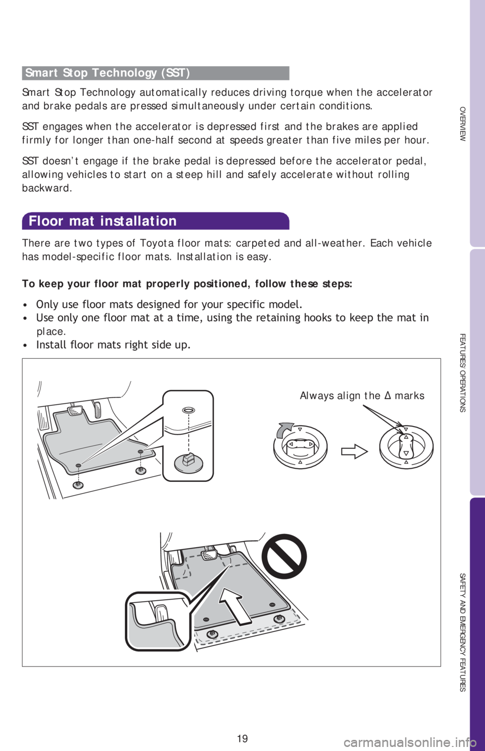 TOYOTA xB 2013   (in English) Owners Manual OVERVIEW
FEATURES/OPERATIONS
SAFETY AND EMERGENCY FEATURES
19
Smart Stop Technology (SST)
There are two types of Toyota floor mats: carpeted and all-weather. Each vehicle 
has model-specific floor mat