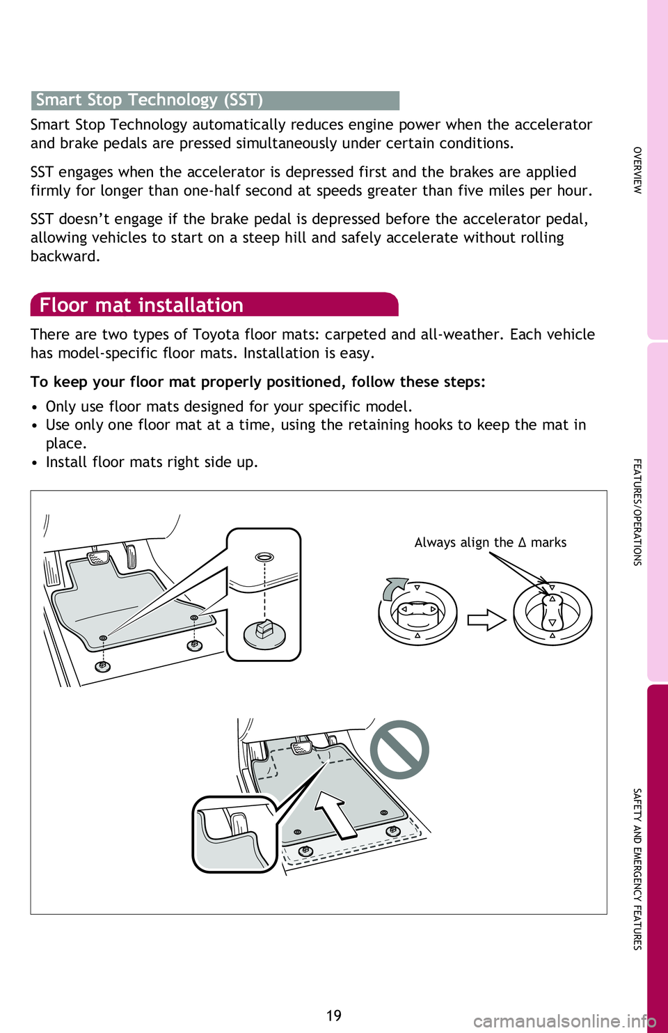 TOYOTA xB 2013   (in English) Owners Manual OVERVIEW
FEATURES/OPERATIONS
SAFETY AND EMERGENCY FEATURES
19
There are two types of Toyota floor mats: carpeted and all-weather. Each vehicle 
has model-specific floor mats. Installation is easy. 
To