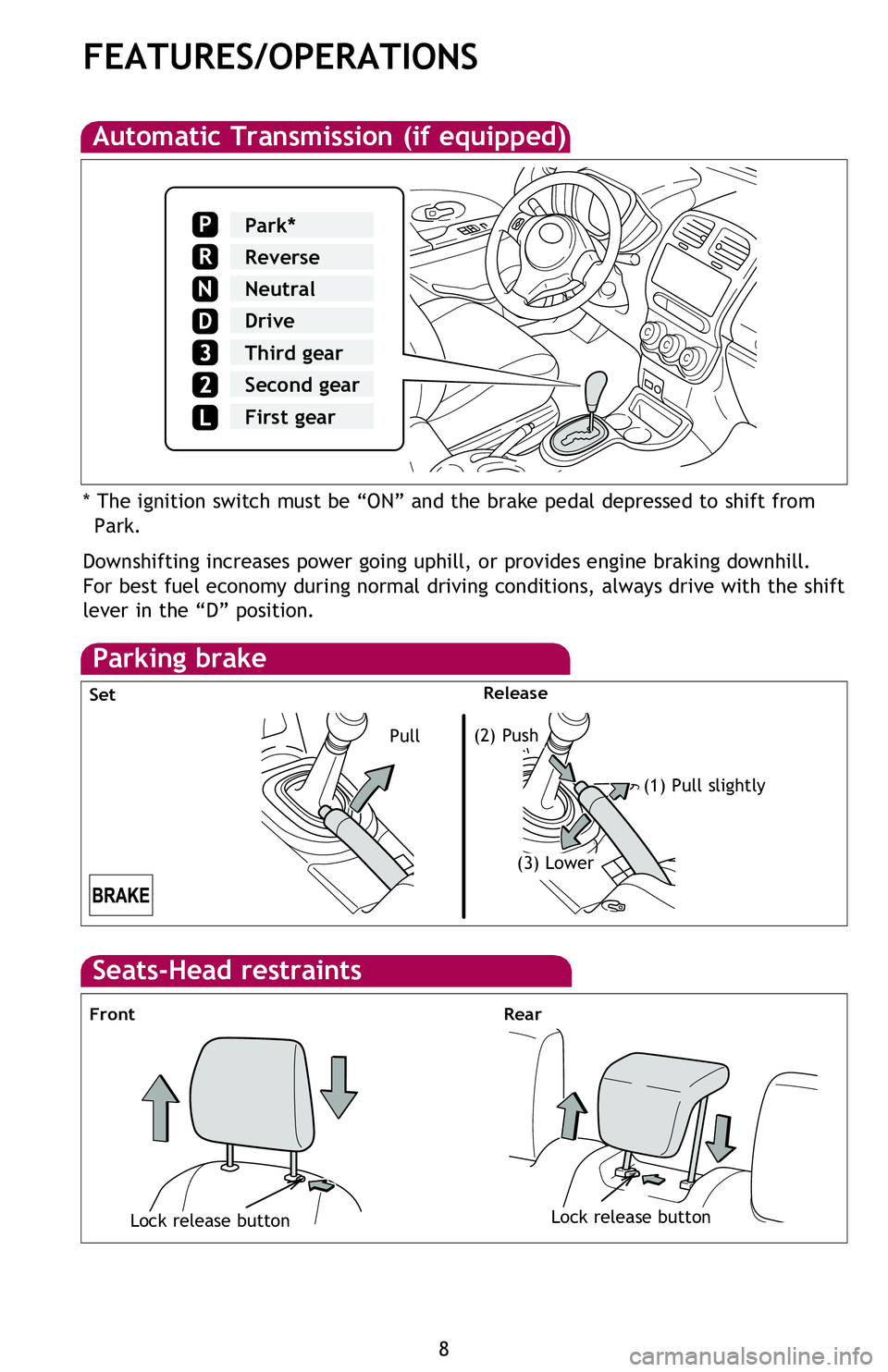 TOYOTA xB 2013  Owners Manual (in English) 8
FEATURES/OPERATIONS
Automatic Transmission (if equipped)
Downshifting increases power going uphill, or provides engine braking downhill. 
For best fuel economy during normal driving conditions, alwa