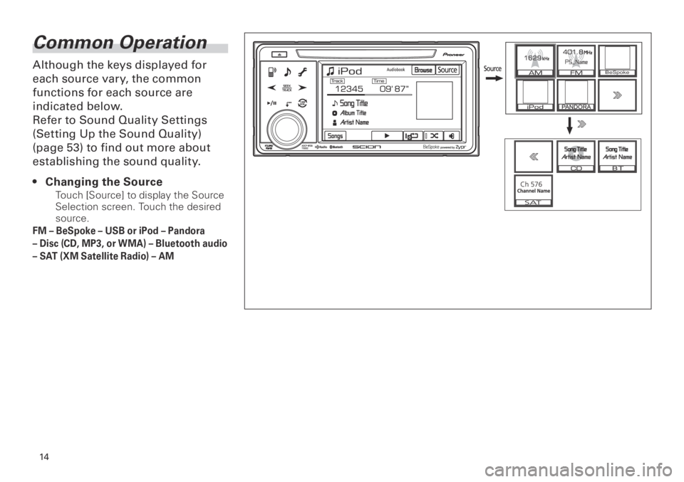 TOYOTA xB 2013  Accessories, Audio & Navigation (in English) 1
<CRB3839-A/S>1 
Common Operation
Although the keys displayed for 
each source vary, the common 
functions for each source are 
indicated below. 
Refer to Sound Quality Settings 
(Setting U