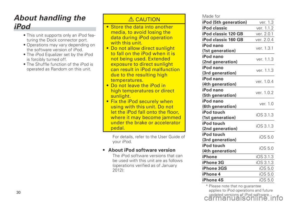 TOYOTA xB 2013 Accessories, Audio & Navigation (in English) 30
<CRB3839-A/S>30
About handling the
iPod
• This unit supports only an iPod fea-
turing the Dock connector port.
• Op e
rations may vary depending on
the software version of iPod.
• Th e TOYOTA xB 2013 Accessories, Audio & Navigation (in English) 30
<CRB3839-A/S>30
About handling the
iPod
• This unit supports only an iPod fea-
turing the Dock connector port.
• Op e
rations may vary depending on
the software version of iPod.
• Th e