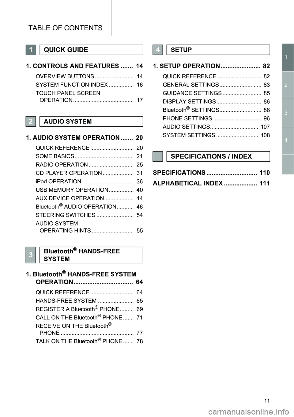 TOYOTA xB 2013  Accessories, Audio & Navigation (in English) 11
TABLE OF CONTENTS
1
2
3
4
1. CONTROLS AND FEATURES .......  14
OVERVIEW BUTTONS .........................  14
SYSTEM FUNCTION INDEX ................  16
TOUCH PANEL SCREEN 
OPERATION ..............