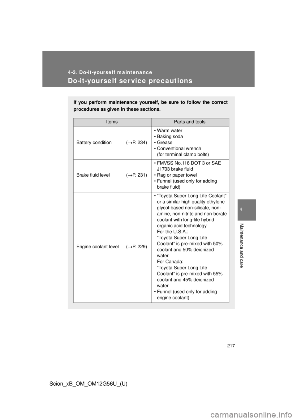 TOYOTA xB 2014 Owners Manual (in English) 217
4
Maintenance and care
Scion_xB_OM_OM12G56U_(U)
4-3. Do-it-yourself maintenance
Do-it-yourself ser vice precautions
If you perform maintenance yourself, be sure to follow the correct
procedures as TOYOTA xB 2014 Owners Manual (in English) 217
4
Maintenance and care
Scion_xB_OM_OM12G56U_(U)
4-3. Do-it-yourself maintenance
Do-it-yourself ser vice precautions
If you perform maintenance yourself, be sure to follow the correct
procedures as