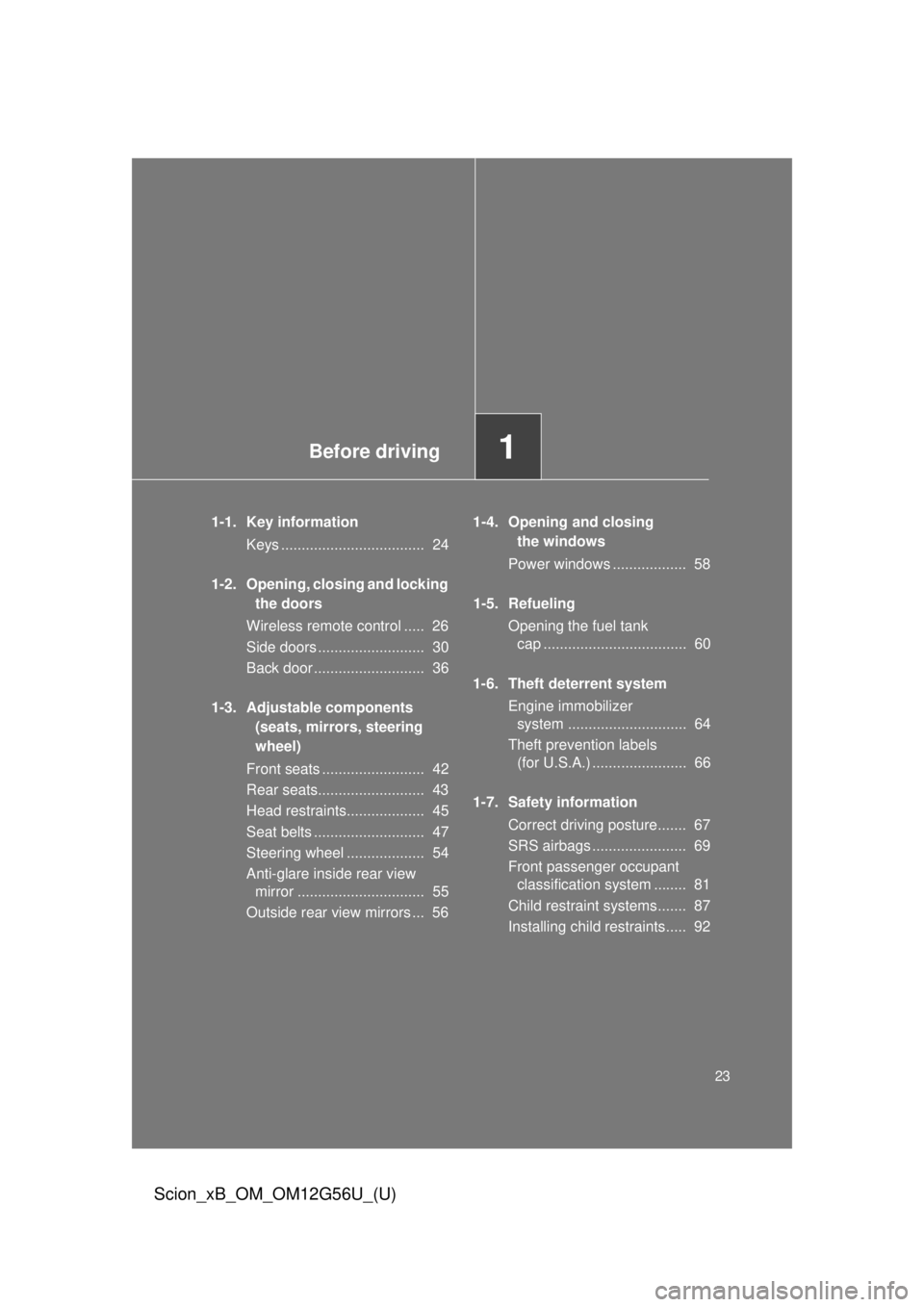 TOYOTA xB 2014 (in English) Owners Manual Before driving1
23
Scion_xB_OM_OM12G56U_(U)
1-1. Key informationKeys ................................... 24
1-2. Opening, closing and locking the doors
Wireless remote control ..... 26
Side doors . TOYOTA xB 2014 (in English) Owners Manual Before driving1
23
Scion_xB_OM_OM12G56U_(U)
1-1. Key informationKeys ................................... 24
1-2. Opening, closing and locking the doors
Wireless remote control ..... 26
Side doors .