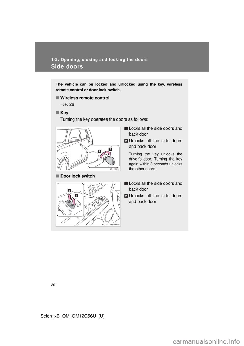 TOYOTA xB 2014  Owners Manual (in English) 30
1-2. Opening, closing and locking the doors
Scion_xB_OM_OM12G56U_(U)
Side doors
The vehicle can be locked and unlocked using the key, wireless
remote control or door lock switch.
■Wireless remote