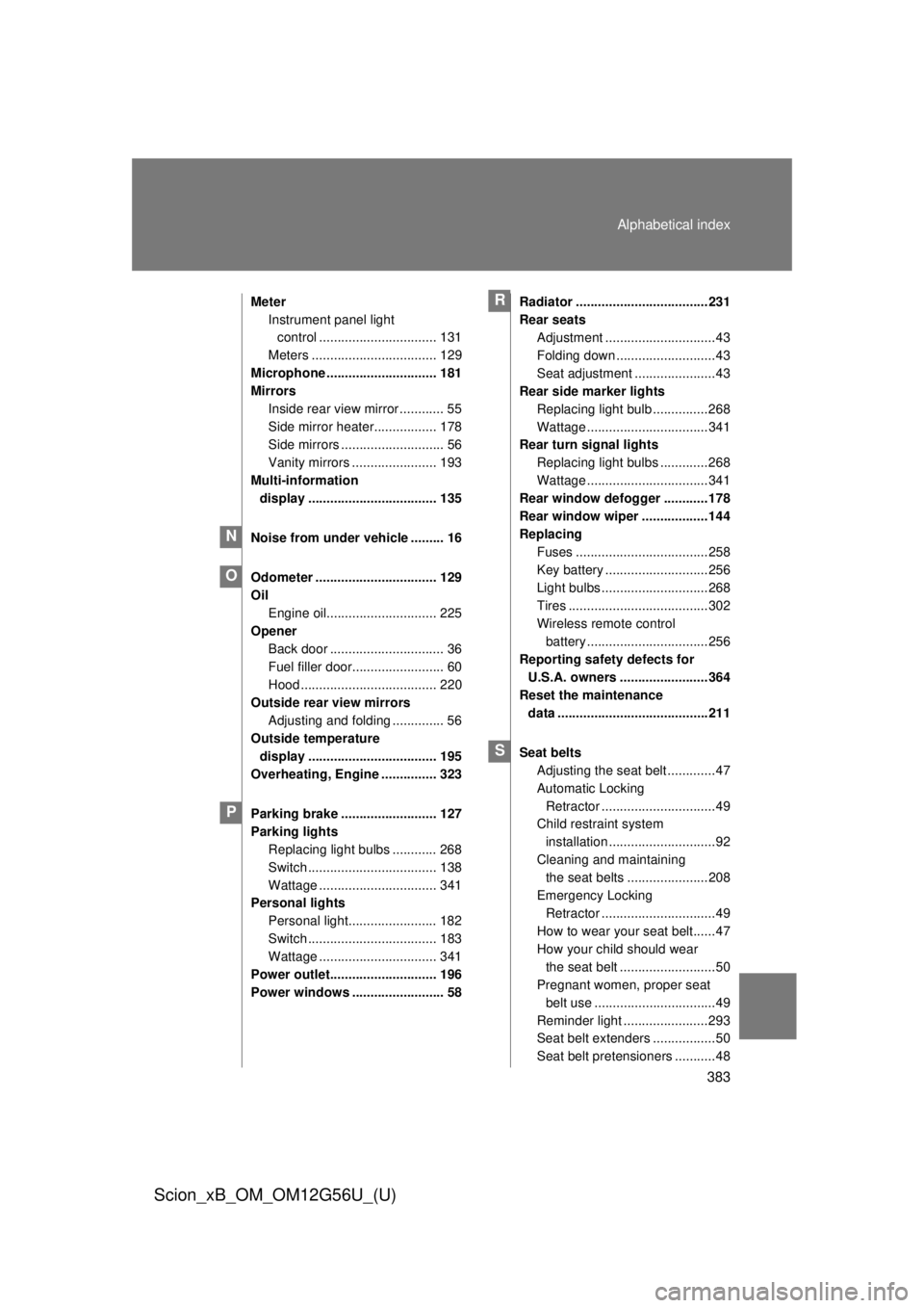 TOYOTA xB 2014  Owners Manual (in English) 383
Alphabetical index
Scion_xB_OM_OM12G56U_(U)
Meter
Instrument panel light control ................................ 131
Meters .................................. 129
Microphone .....................