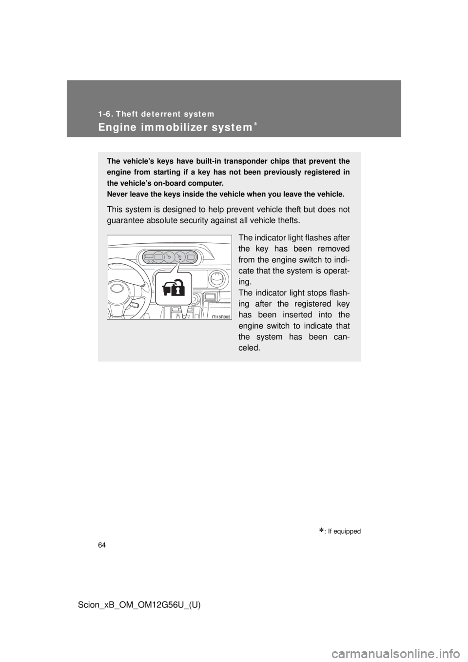 TOYOTA xB 2014   (in English) Repair Manual 64
Scion_xB_OM_OM12G56U_(U)
1-6. Theft deterrent system
Engine immobilizer system
: If equipped
The vehicle’s keys have built-in transponder chips that prevent the
engine from starting if a ke