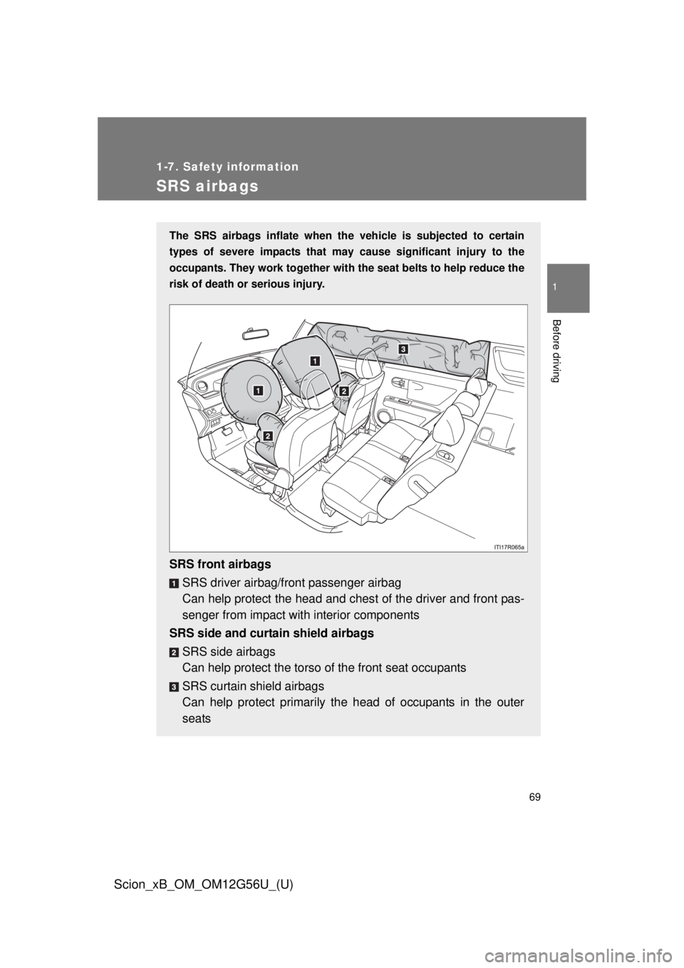 TOYOTA xB 2014   (in English) Repair Manual 69
1
1-7. Safety information
Before driving
Scion_xB_OM_OM12G56U_(U)
SRS airbags
The SRS airbags inflate when the vehicle is subjected to certain
types of severe impacts that may  cause significant in
