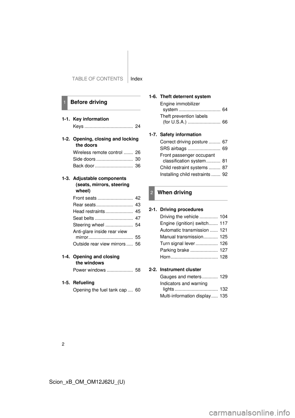 TOYOTA xB 2014  Owners Manual (in English) TABLE OF CONTENTSIndex
2
Scion_xB_OM_OM12J62U_(U)
1-1. Key informationKeys .....................................  24
1-2. Opening, closing and locking  the doors
Wireless remote control .......  26
Si