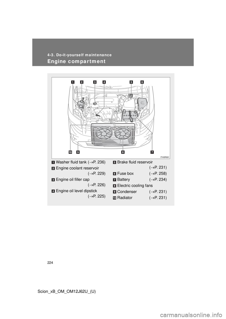 TOYOTA xB 2014  Owners Manual (in English) 224
4-3. Do-it-yourself maintenance
Scion_xB_OM_OM12J62U_(U)
Engine compar tment
Washer fluid tank (P. 236)
Engine coolant reservoir ( P. 229)
Engine oil filler cap ( P. 226)
Engine oil level
