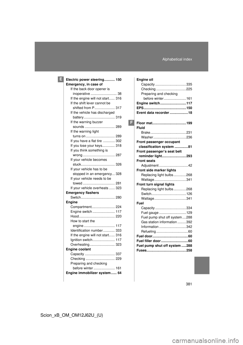 TOYOTA xB 2014  Owners Manual (in English) 381
Alphabetical index
Scion_xB_OM_OM12J62U_(U)
Electric power steering........... 150
Emergency, in case of
If the back door opener is 
inoperative ........................... 38
If the engine will n
