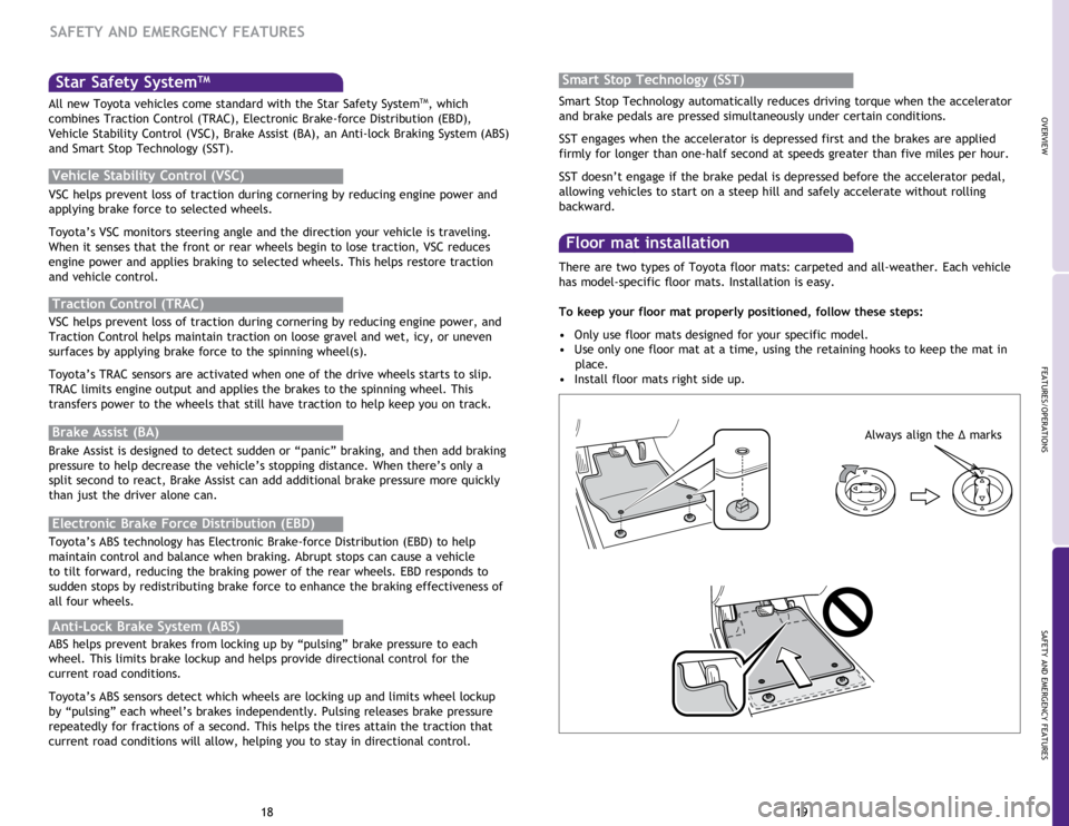 TOYOTA xB 2014   (in English) User Guide OVERVIEW
FEATURES/OPERATIONS
SAFETY AND EMERGENCY FEATURES
19
18
Star Safety SystemTM
VSC helps prevent loss of traction during cornering by reducing engine power and 
applying brake force to selected