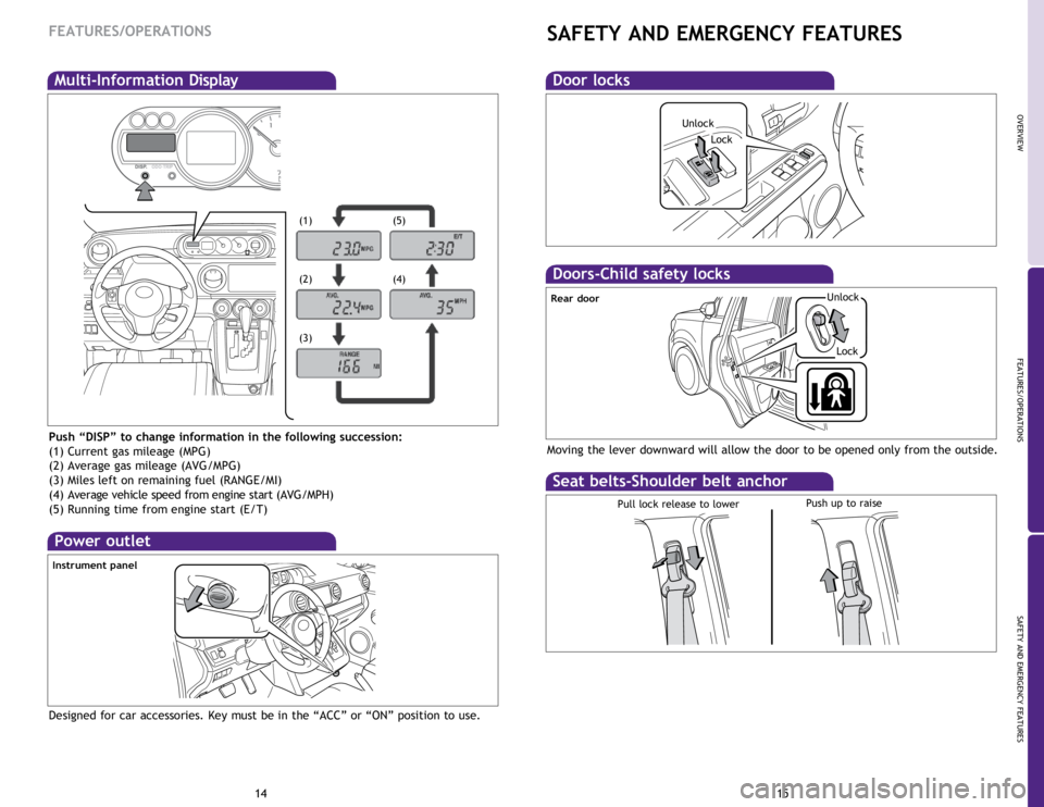TOYOTA xB 2014 Owners Manual (in English) OVERVIEW
FEATURES/OPERATIONS
SAFETY AND EMERGENCY FEATURES
1415
FEATURES/OPERATIONS
Multi-Information Display
Push “DISP” to change information in the following succession:
(1) Current gas mileage TOYOTA xB 2014 Owners Manual (in English) OVERVIEW
FEATURES/OPERATIONS
SAFETY AND EMERGENCY FEATURES
1415
FEATURES/OPERATIONS
Multi-Information Display
Push “DISP” to change information in the following succession:
(1) Current gas mileage