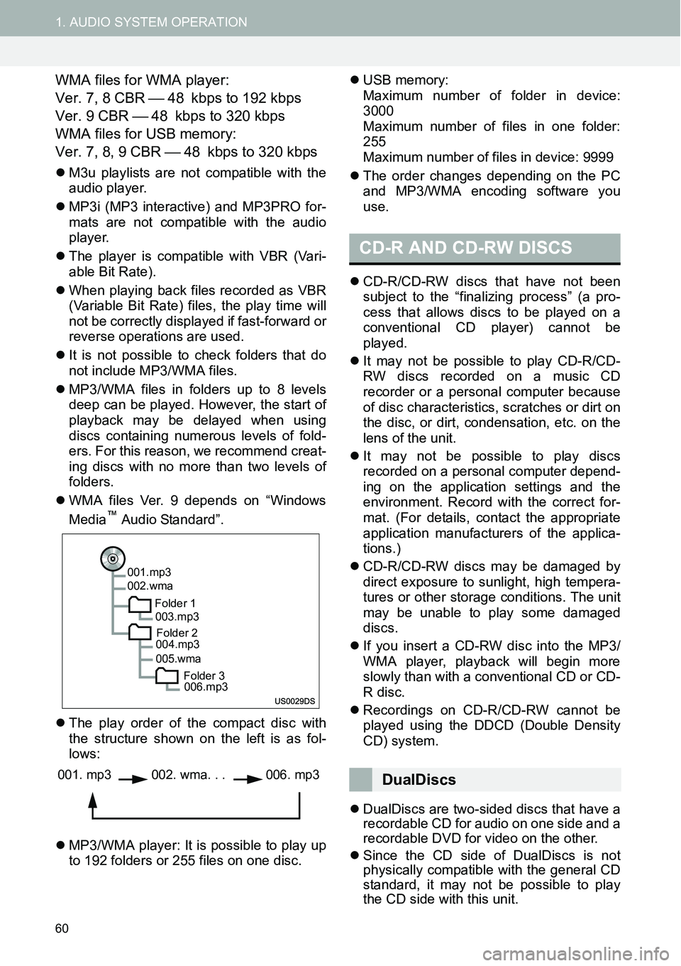 TOYOTA xB 2014  Accessories, Audio & Navigation (in English) 60
1. AUDIO SYSTEM OPERATION
WMA files for WMA player:
Ver. 7, 8 CBR  48 kbps to 192 kbps
Ver. 9 CBR  48 kbps to 320 kbps
WMA files for USB memory:
Ver. 7, 8, 9 CBR  48 kbps to 320 kbps
�zM3u
