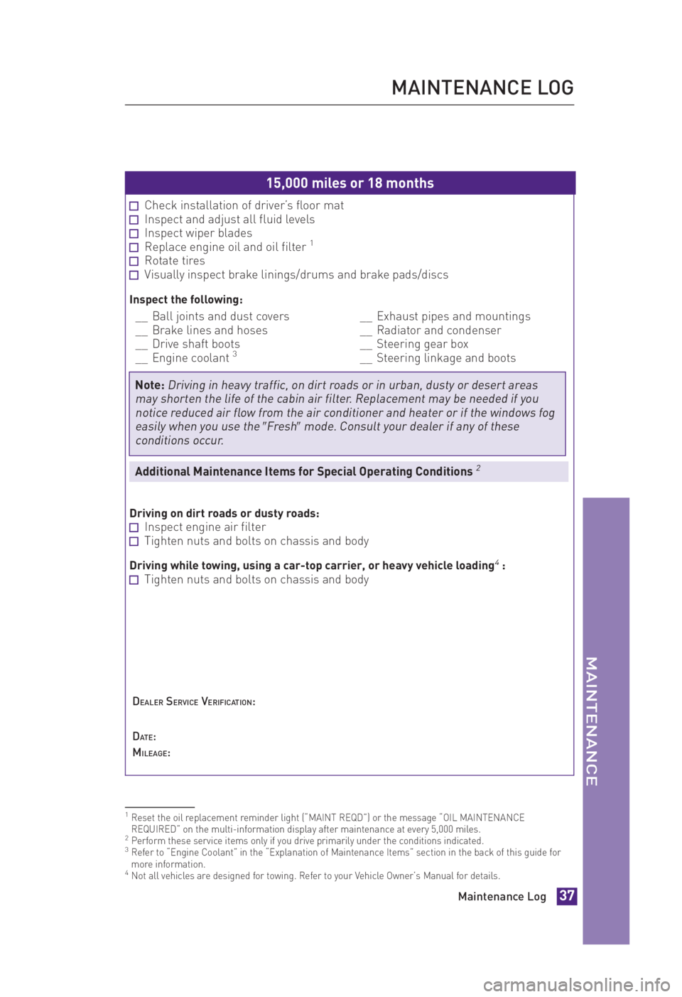 TOYOTA xB 2014 Warranties & Maintenance Guides (in English) JOBNAME: 1491494-2014sxbWG-EN PAGE: 37 SESS: 11 OUTPUT: Mon Oct 21 10:58:16 2013
/tweddle/toyota/sched-maint/1491494-en-sxb/wg
15,000 miles or 18 months
Check installation of driver’s floor matInspe TOYOTA xB 2014 Warranties & Maintenance Guides (in English) JOBNAME: 1491494-2014sxbWG-EN PAGE: 37 SESS: 11 OUTPUT: Mon Oct 21 10:58:16 2013
/tweddle/toyota/sched-maint/1491494-en-sxb/wg
15,000 miles or 18 months
Check installation of driver’s floor matInspe