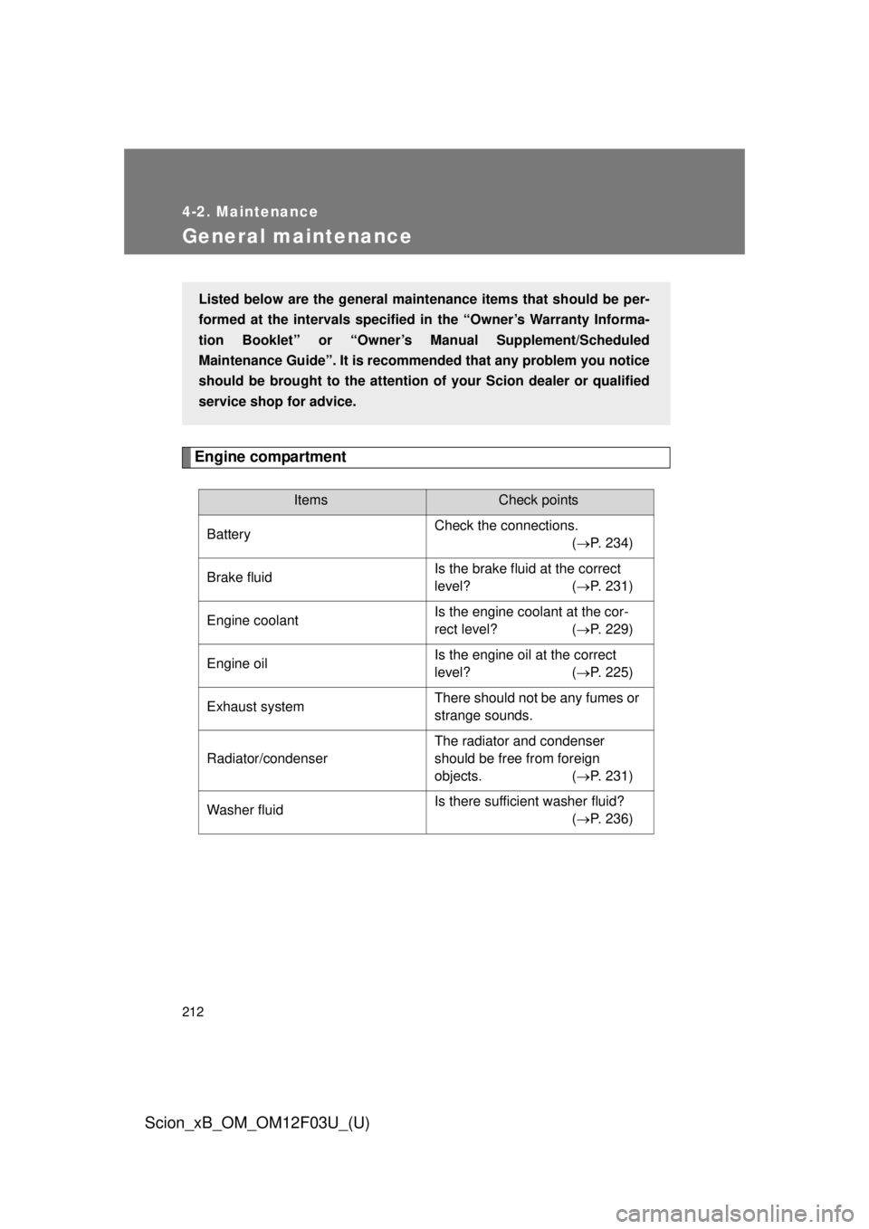 TOYOTA xB 2015 Owners Manual (in English) 212
4-2. Maintenance
Scion_xB_OM_OM12F03U_(U)
General maintenance
Engine compartment
ItemsCheck points
Battery Check the connections.
(P. 234)
Brake fluid Is the brake fluid at the correct
level? TOYOTA xB 2015 Owners Manual (in English) 212
4-2. Maintenance
Scion_xB_OM_OM12F03U_(U)
General maintenance
Engine compartment
ItemsCheck points
Battery Check the connections.
(P. 234)
Brake fluid Is the brake fluid at the correct
level?