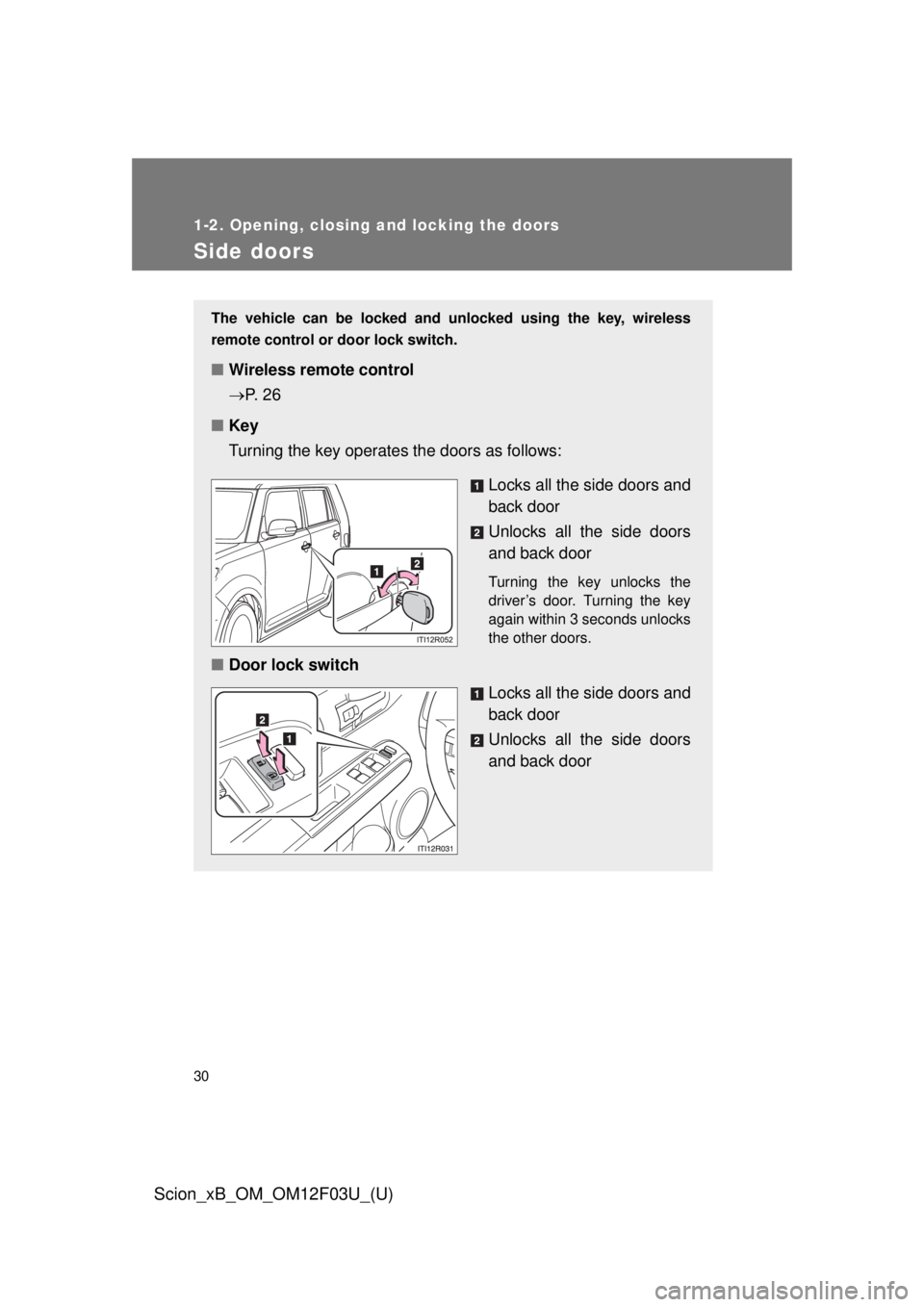 TOYOTA xB 2015 (in English) Owners Manual 30
1-2. Opening, closing and locking the doors
Scion_xB_OM_OM12F03U_(U)
Side doors
The vehicle can be locked and unlocked using the key, wireless
remote control or door lock switch.
■Wireless remote TOYOTA xB 2015 (in English) Owners Manual 30
1-2. Opening, closing and locking the doors
Scion_xB_OM_OM12F03U_(U)
Side doors
The vehicle can be locked and unlocked using the key, wireless
remote control or door lock switch.
■Wireless remote