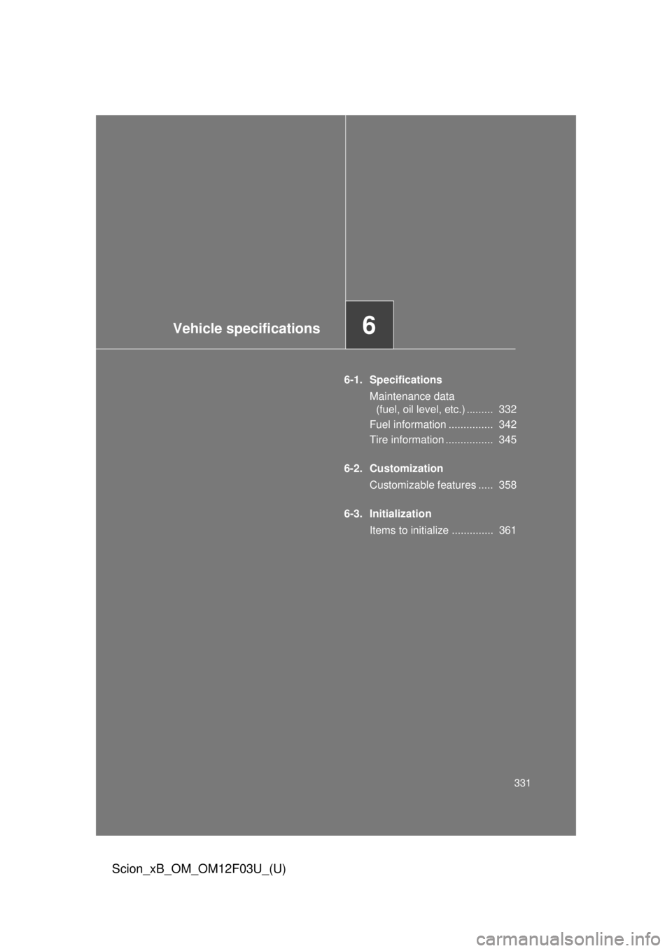TOYOTA xB 2015 Owners Manual (in English) Vehicle specifications6
331
Scion_xB_OM_OM12F03U_(U)
6-1. SpecificationsMaintenance data (fuel, oil level, etc.) ......... 332
Fuel information ............... 342
Tire information ................ TOYOTA xB 2015 Owners Manual (in English) Vehicle specifications6
331
Scion_xB_OM_OM12F03U_(U)
6-1. SpecificationsMaintenance data (fuel, oil level, etc.) ......... 332
Fuel information ............... 342
Tire information ................
