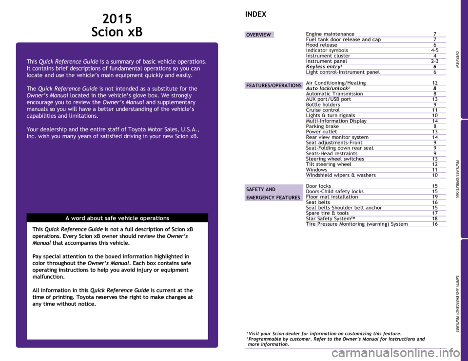 TOYOTA xB 2015  Owners Manual (in English) OVERVIEW
FEATURES/OPERATIONS
SAFETY AND EMERGENCY FEATURES
1
This Quick Reference Guide is a summary of basic vehicle operations. 
It contains brief descriptions of fundamental operations so you can 
