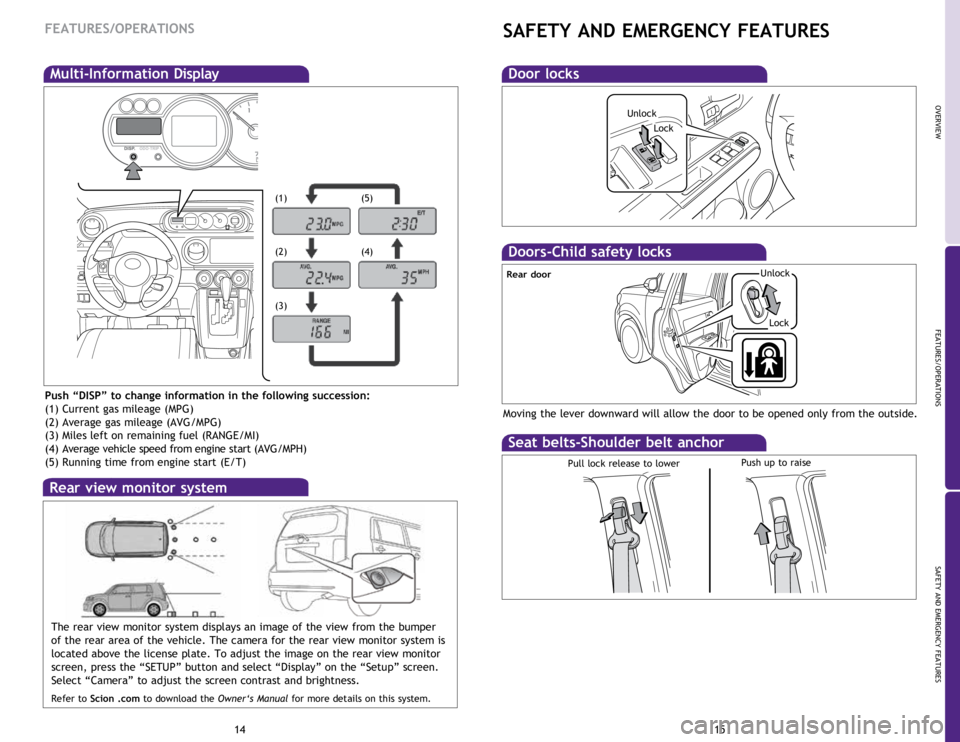 TOYOTA xB 2015 Owners Manual (in English) OVERVIEW
FEATURES/OPERATIONS
SAFETY AND EMERGENCY FEATURES
1415
FEATURES/OPERATIONS
Multi-Information Display
Push “DISP” to change information in the following succession:
(1) Current gas mileage TOYOTA xB 2015 Owners Manual (in English) OVERVIEW
FEATURES/OPERATIONS
SAFETY AND EMERGENCY FEATURES
1415
FEATURES/OPERATIONS
Multi-Information Display
Push “DISP” to change information in the following succession:
(1) Current gas mileage