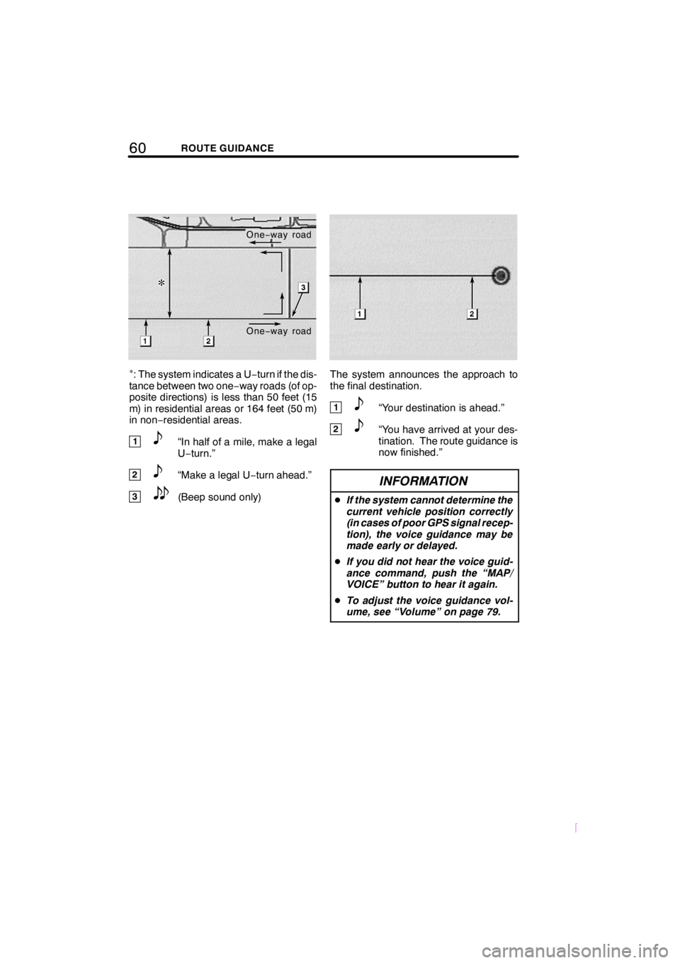 TOYOTA xD 2008  Accessories, Audio & Navigation (in English) 60ROUTE GUIDANCE
SCION V398
One−way road
One−way road
: The system indicates a U−turn if the dis-
tance between two one−way roads (of op-
posite directions) is less than 50 feet (15
m) in res