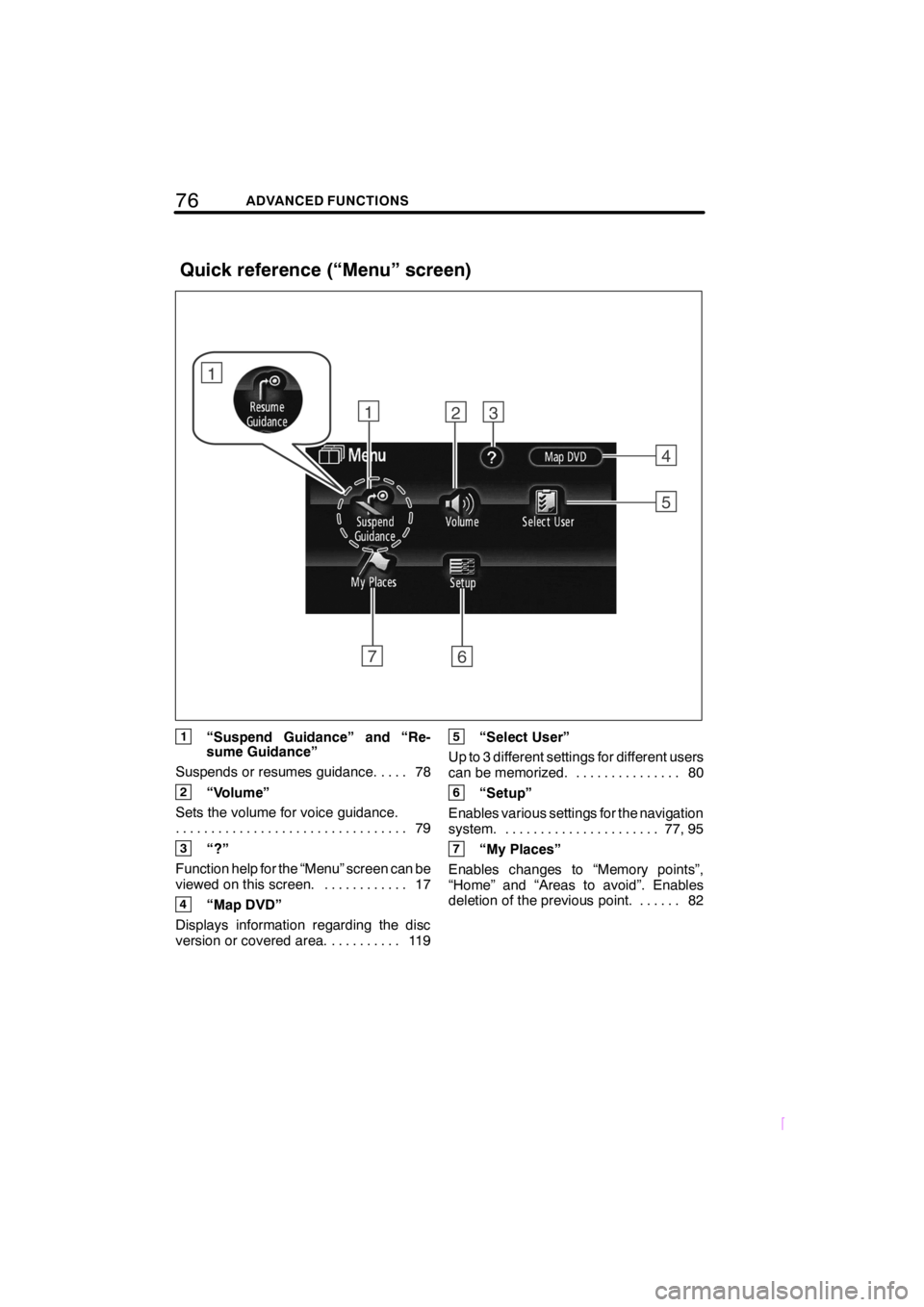 TOYOTA xD 2008  Accessories, Audio & Navigation (in English) 76ADVANCED FUNCTIONS
SCION V398
1“Suspend Guidance” and “Re-
sume Guidance”
Suspends or resumes guidance. 78....
2“Volume”
Sets the volume for voice guidance.
79 ..........................