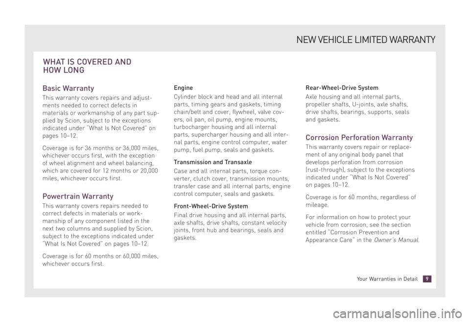 TOYOTA xD 2008 Warranties & Maintenance Guides (in English) Basic Warranty
This warranty covers repairs and adjust-
ments needed to correct defects in
materials or work manship of any part sup-
plied by Scion, subject to the exceptions
indicated under “What TOYOTA xD 2008 Warranties & Maintenance Guides (in English) Basic Warranty
This warranty covers repairs and adjust-
ments needed to correct defects in
materials or work manship of any part sup-
plied by Scion, subject to the exceptions
indicated under “What