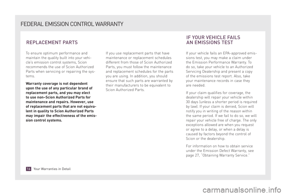 TOYOTA xD 2008 Warranties & Maintenance Guides (in English) To ensure optimum performance and
maintain the quality built into your vehi-
cle’s emission control systems, Scion
recommends the use of Scion Authorized
Parts when servicing or repairing the sys-
t TOYOTA xD 2008 Warranties & Maintenance Guides (in English) To ensure optimum performance and
maintain the quality built into your vehi-
cle’s emission control systems, Scion
recommends the use of Scion Authorized
Parts when servicing or repairing the sys-
t