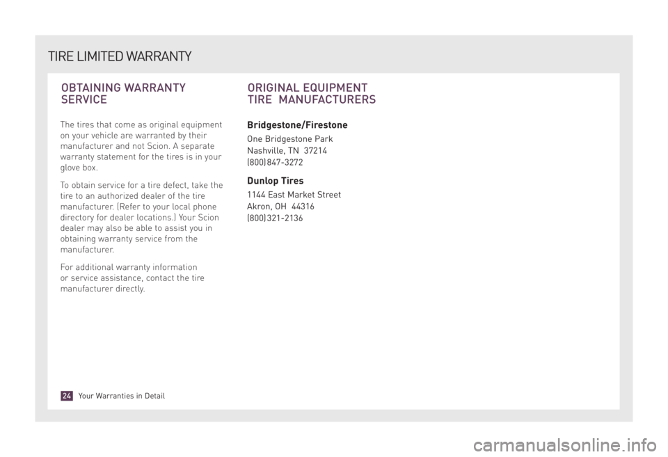 TOYOTA xD 2008 Warranties & Maintenance Guides (in English) The tires that come as original equipment
on your vehicle are warranted by their
manufacturer and not Scion. A separate
warranty statement for the tires is in your
glove box.
To obtain service for a t TOYOTA xD 2008 Warranties & Maintenance Guides (in English) The tires that come as original equipment
on your vehicle are warranted by their
manufacturer and not Scion. A separate
warranty statement for the tires is in your
glove box.
To obtain service for a t