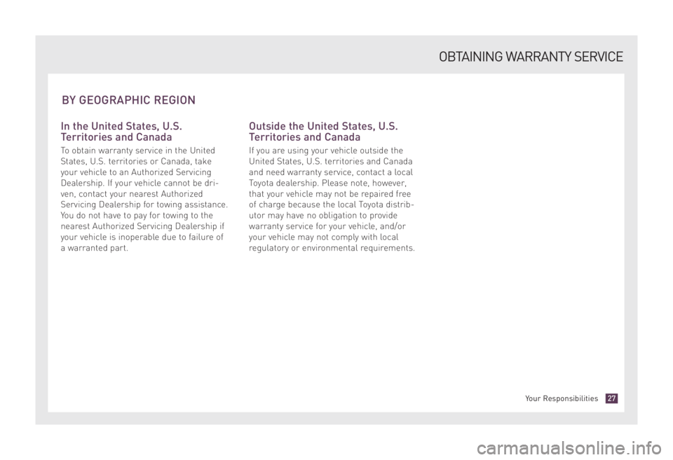 TOYOTA xD 2008 Warranties & Maintenance Guides (in English) In the United States, U.S.
Territories and Canada
To obtain warranty service in the United
States, U.S. territories or Canada, take
your vehicle to an Authorized Servicing
Dealer ship. If your vehicle TOYOTA xD 2008 Warranties & Maintenance Guides (in English) In the United States, U.S.
Territories and Canada
To obtain warranty service in the United
States, U.S. territories or Canada, take
your vehicle to an Authorized Servicing
Dealer ship. If your vehicle