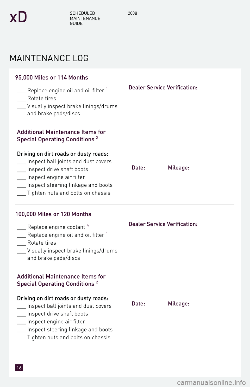 TOYOTA xD 2008 Warranties & Maintenance Guides (in English) 95,000 Miles or 114 Months
___ Replace engine oil and oil filter1
___ Rotate tires
___ Visually inspect brake linings/drums and brake pads/discs
Additional Maintenance Items for
Special Operating Co TOYOTA xD 2008 Warranties & Maintenance Guides (in English) 95,000 Miles or 114 Months
___ Replace engine oil and oil filter1
___ Rotate tires
___ Visually inspect brake linings/drums and brake pads/discs
Additional Maintenance Items for
Special Operating Co