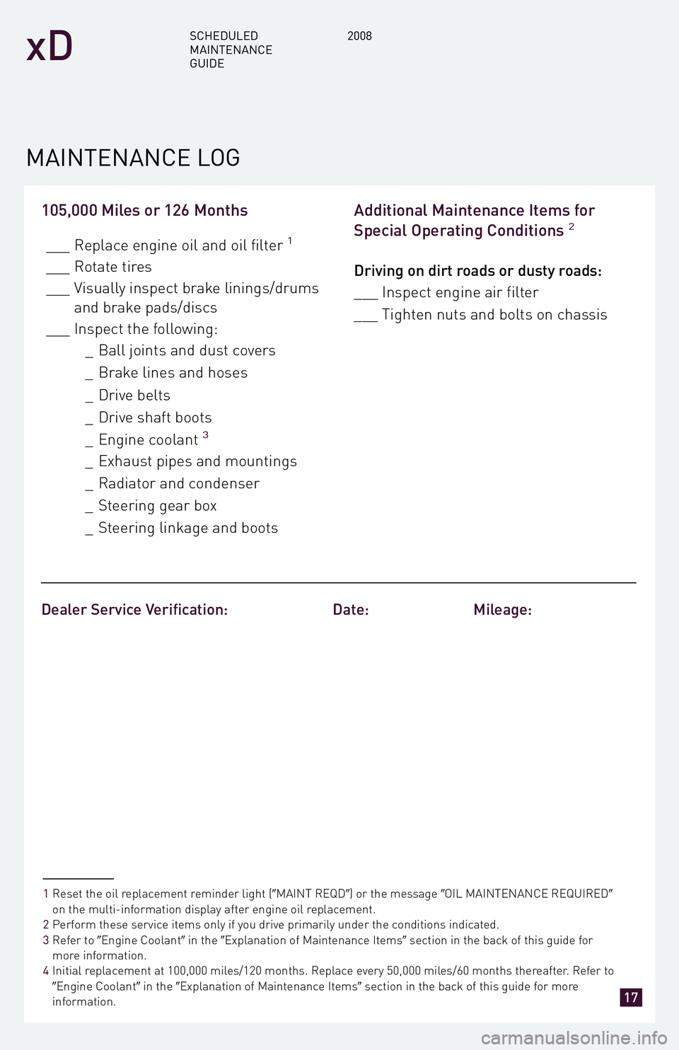 TOYOTA xD 2008 Warranties & Maintenance Guides (in English) 105,000 Miles or 126 Months
___ Replace engine oil and oil filter1
___ Rotate tires
___ Visually inspect brake linings/drums and brake pads/discs
___ Inspect the following: _ Ball joints and dust co TOYOTA xD 2008 Warranties & Maintenance Guides (in English) 105,000 Miles or 126 Months
___ Replace engine oil and oil filter1
___ Rotate tires
___ Visually inspect brake linings/drums and brake pads/discs
___ Inspect the following: _ Ball joints and dust co