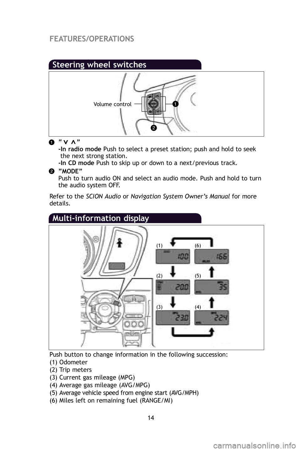 TOYOTA xD 2009   (in English) User Guide 14
FEATURES/OPERATIONS
Multi-information display
(1)
(2)
(3) (4)(5) (6)
Push button to change information in the following succession:
(1) Odometer
(2) Trip meters
(3) Current gas mileage (MPG)
(4) Av
