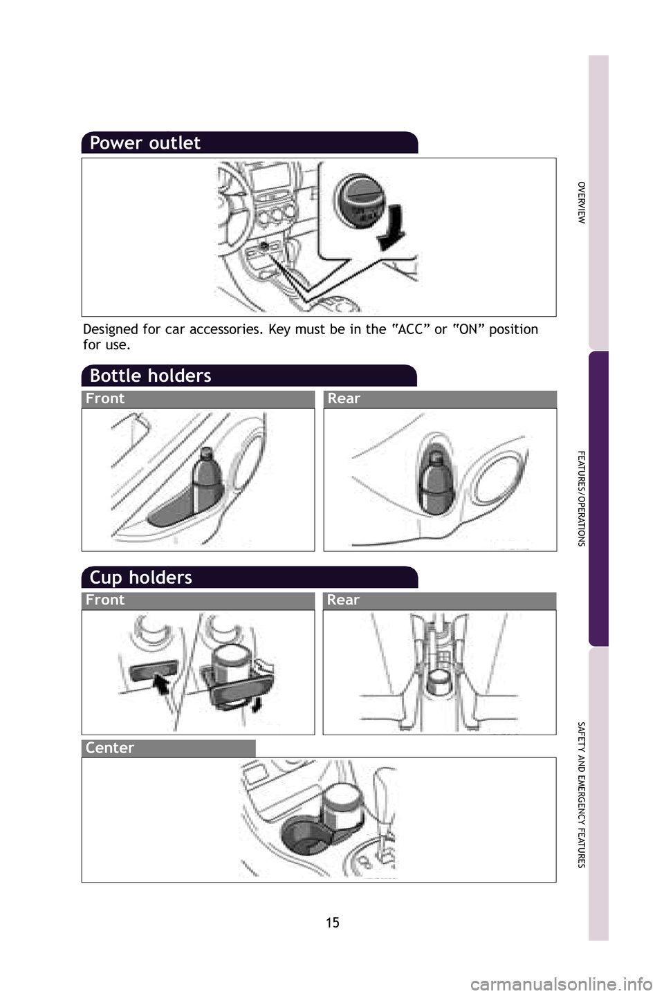TOYOTA xD 2009   (in English) User Guide 15
OVERVIEW
FEATURES/OPERATIONS
SAFETY AND EMERGENCY FEATURES
Power outlet
Designed for car accessories. Key must be in the “ACC” or “ON” position
for use.
Bottle holders
FrontRear
Cup holders