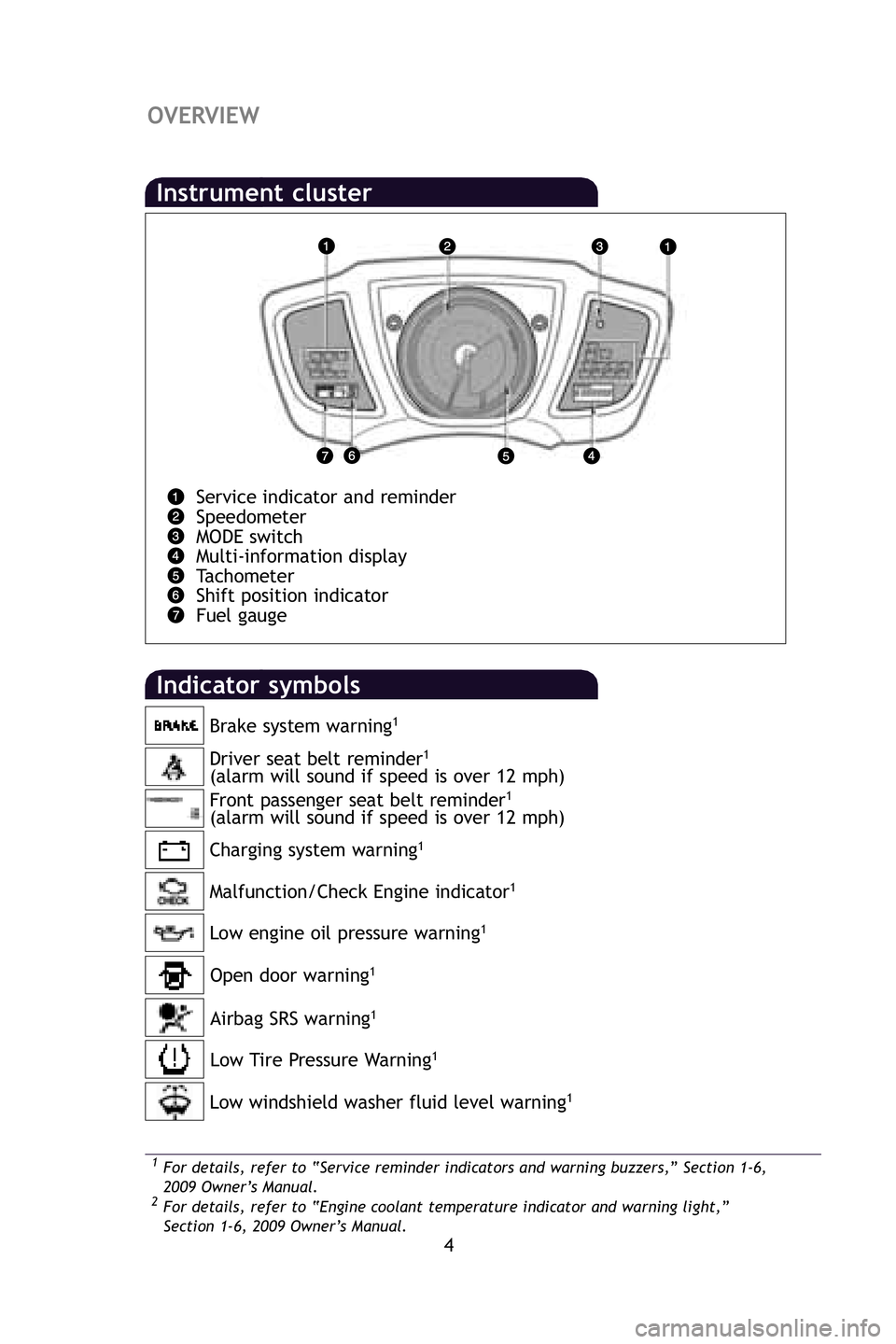 TOYOTA xD 2009  Owners Manual (in English) 4
OVERVIEW
Low engine oil pressure warning1
Driver seat belt reminder1
(alarm will sound if speed is over 12 mph)
Front passenger seat belt reminder1
(alarm will sound if speed is over 12 mph) Brake s