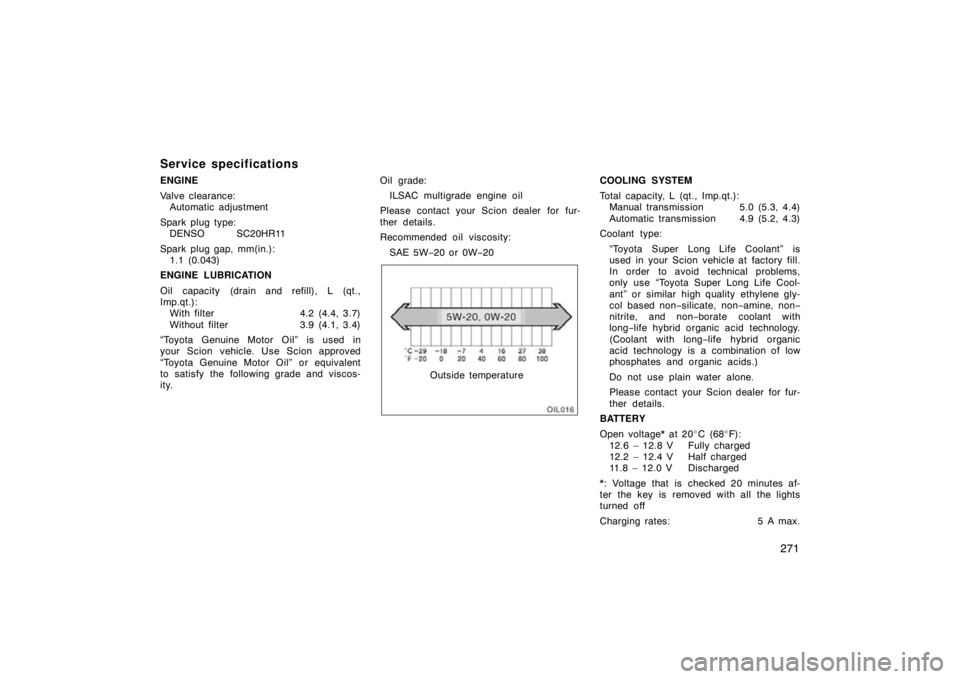 TOYOTA xD 2009 Owners Manual (in English) 271
Service specifications
ENGINE
Valve clearance:Automatic adjustment
Spark plug type: DENSO SC20HR11
Spark plug gap, mm(in.): 1.1 (0.043)
ENGINE LUBRICATION
Oil capacity (drain and refill), L (qt.,
TOYOTA xD 2009 Owners Manual (in English) 271
Service specifications
ENGINE
Valve clearance:Automatic adjustment
Spark plug type: DENSO SC20HR11
Spark plug gap, mm(in.): 1.1 (0.043)
ENGINE LUBRICATION
Oil capacity (drain and refill), L (qt.,