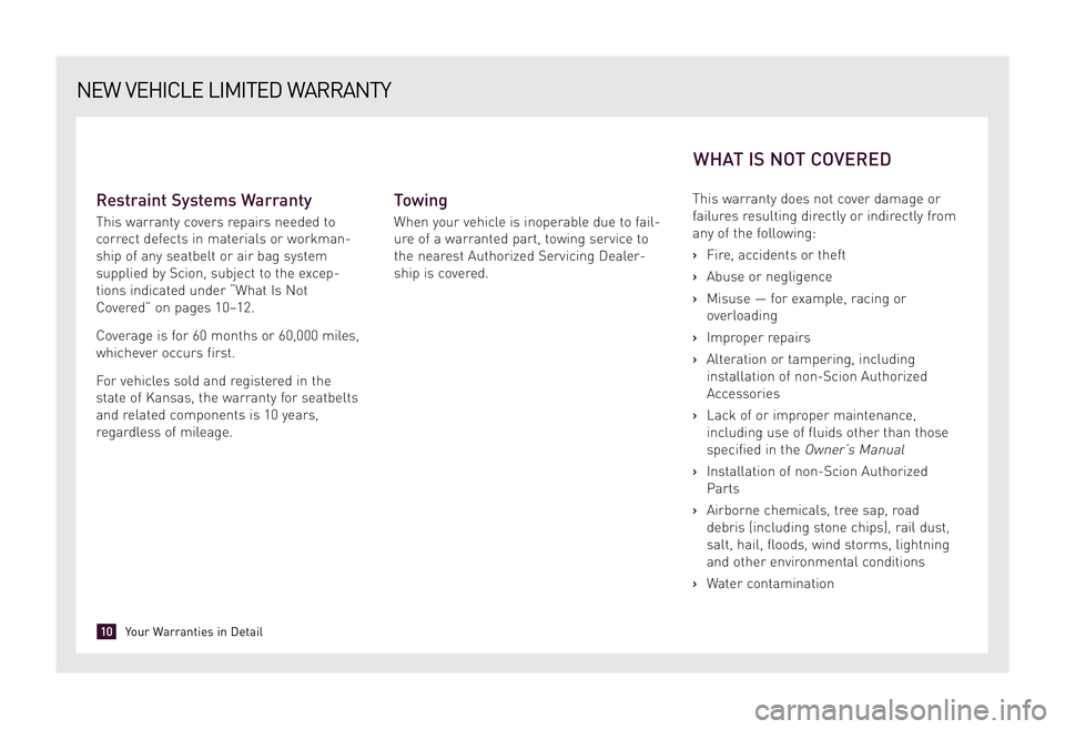 TOYOTA xD 2009 Warranties & Maintenance Guides (in English) Restraint Systems Warranty
This warranty covers repairs needed to
correct defects in materials or workman-
ship of any seatbelt or air bag system
supplied by Scion, subject to the excep-
tions indica TOYOTA xD 2009 Warranties & Maintenance Guides (in English) Restraint Systems Warranty
This warranty covers repairs needed to
correct defects in materials or workman-
ship of any seatbelt or air bag system
supplied by Scion, subject to the excep-
tions indica