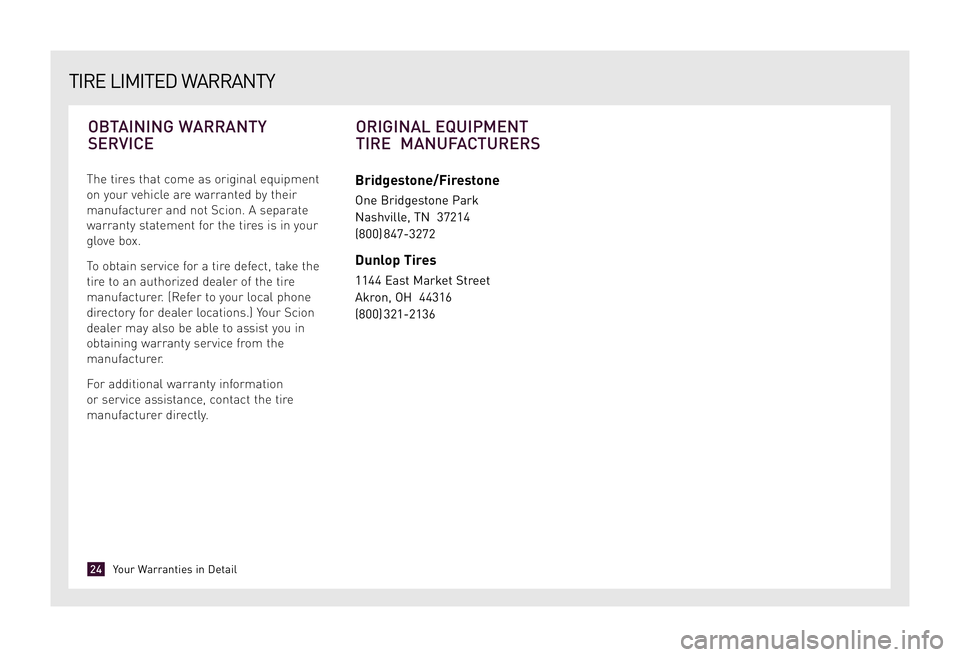TOYOTA xD 2009 Warranties & Maintenance Guides (in English) The tires that come as original equipment
on your vehicle are warranted by their
manufacturer and not Scion. A separate
warranty statement for the tires is in your
glove box.
To obtain service for a TOYOTA xD 2009 Warranties & Maintenance Guides (in English) The tires that come as original equipment
on your vehicle are warranted by their
manufacturer and not Scion. A separate
warranty statement for the tires is in your
glove box.
To obtain service for a
