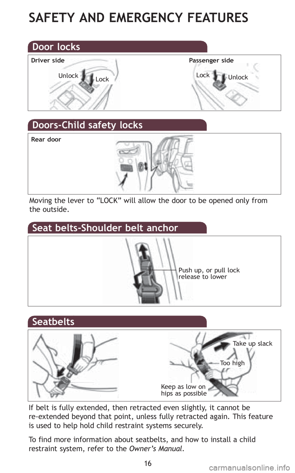 TOYOTA xD 2010   (in English) User Guide 16
SAFETY AND EMERGENCY FEATURES
Doors-Child safety locks
Moving the lever to “LOCK” will allow the door to be opened only from
the outside.
Seat belts-Shoulder belt anchor
Push up, or pull lock
r