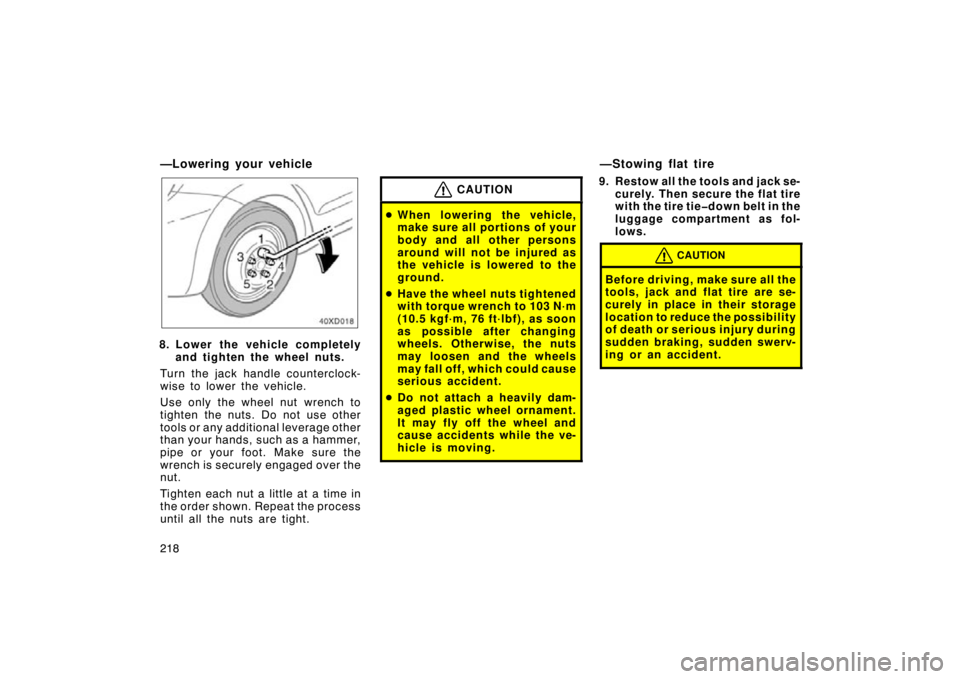TOYOTA xD 2010  Owners Manual (in English) 218
—Lowering your vehicle
8. Lower the vehicle completelyand tighten the wheel nuts.
Turn the jack handle counterclock-
wise to lower the vehicle.
Use only the wheel nut wrench to
tighten the nuts.